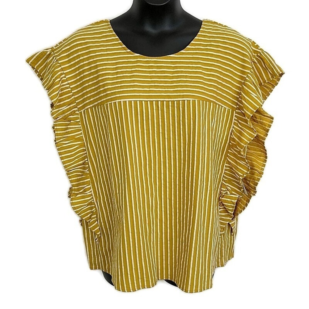 Eloquii Womens sz 14 Top Yellow Striped Batwing Ruffle Sleeves Back Bow‎ Detail